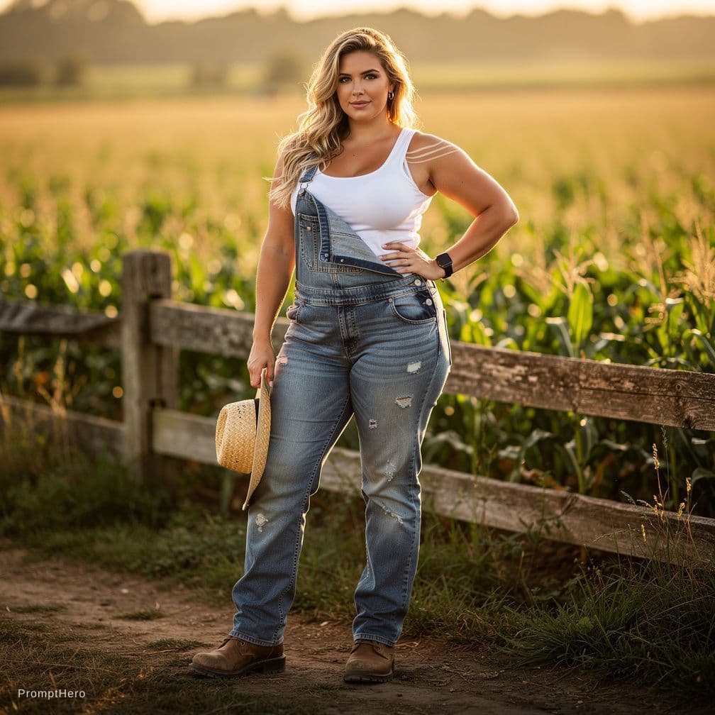 AI generated: Busty Farmer Girl, tanlines, blond hair, Blue eyes, massive tits, Big ass