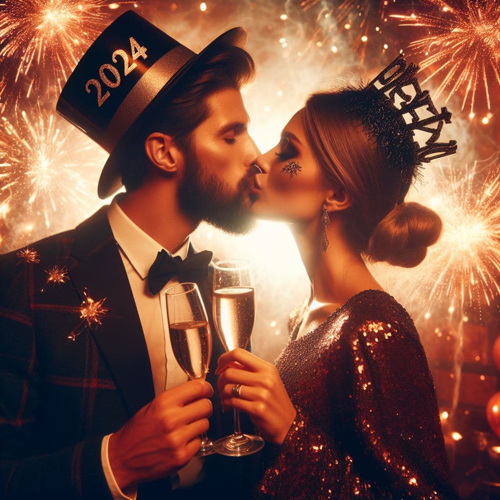 AI generated: New Year's Eve party, there is a celebration, a couple kisses, champagne, fireworks, 2024, beautiful...