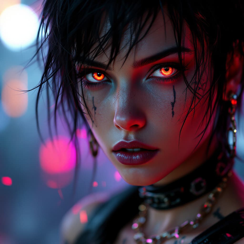 AI generated: A stunning close-up portrait of a mysterious cyberpunk warrior woman with glowing brown an grey eyes...