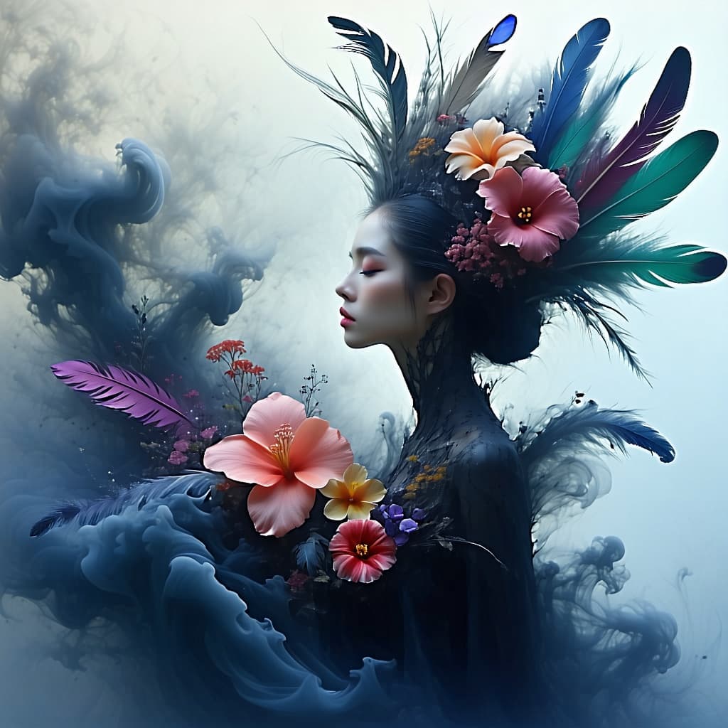AI generated: She is an abyss of metamorphoses, created from feathers, flowers and mist. Magical realism, atmosphe...