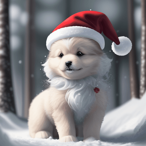 AI generated: a cute and adorable fluffy puppy wearing a santa hat in a christmas evening winter Forrest, falling ...