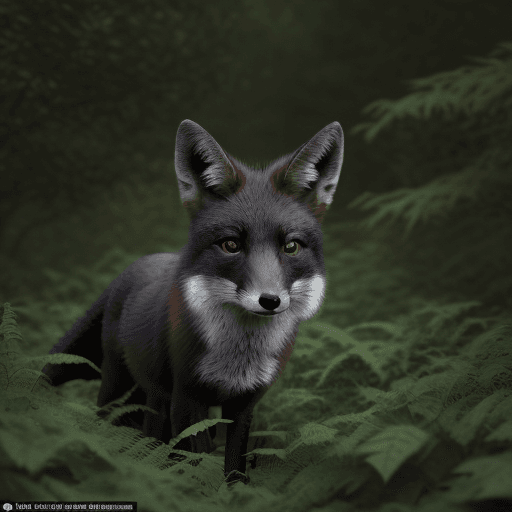 AI generated: The Royal Supreme a black-brown Fox,in a cloudy dark-green forest,among bluish bushes,realistic phot...
