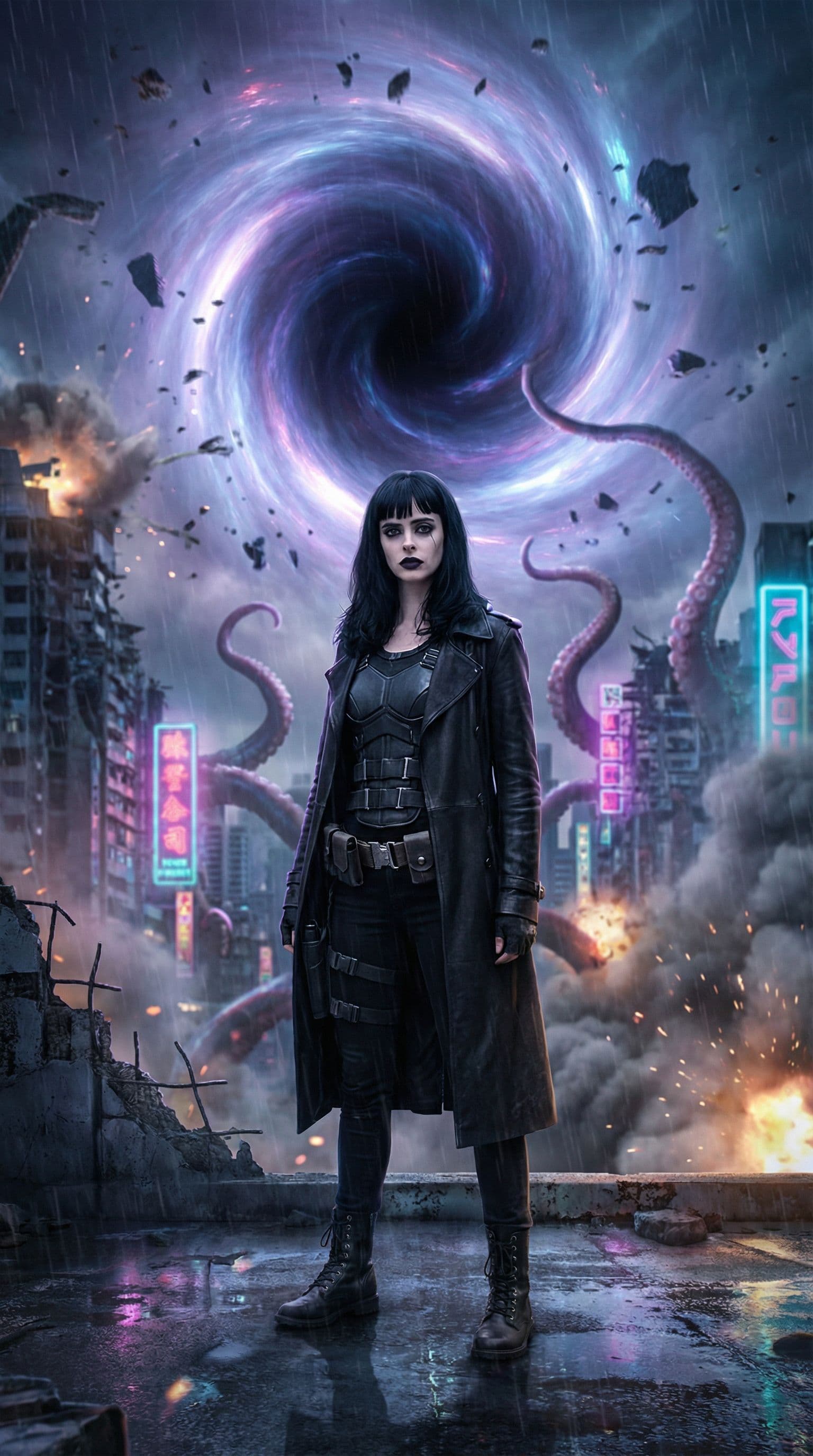 AI generated: Female, Cyberpunk Night City, black hole, singularity, apocalypse, nihilism, Cthuru, grand worldview...