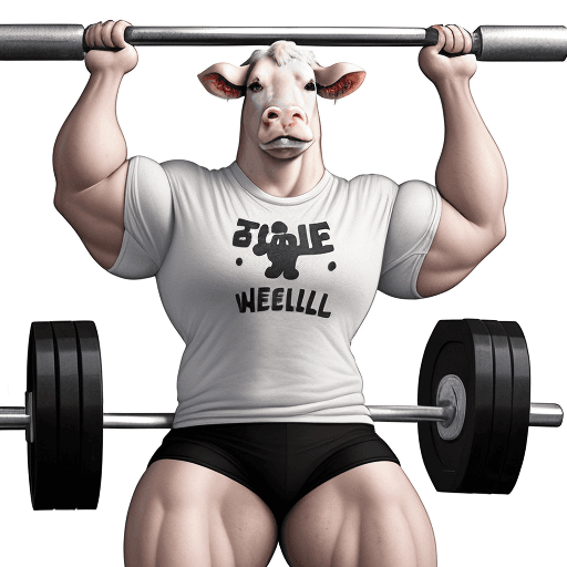 AI generated: White Nellore cow, adult anthropomorphic cow, weightlifter, very strong, doing a lot of strength, sh...