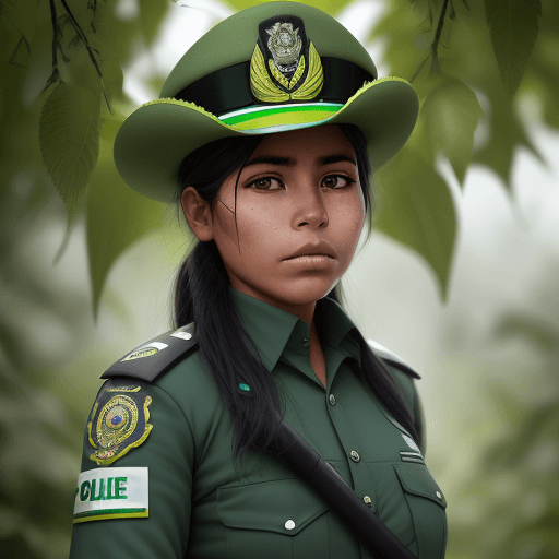AI generated: bolivian female young police, wearing bolivian green cop uniform, 4k, chewing green leafs
