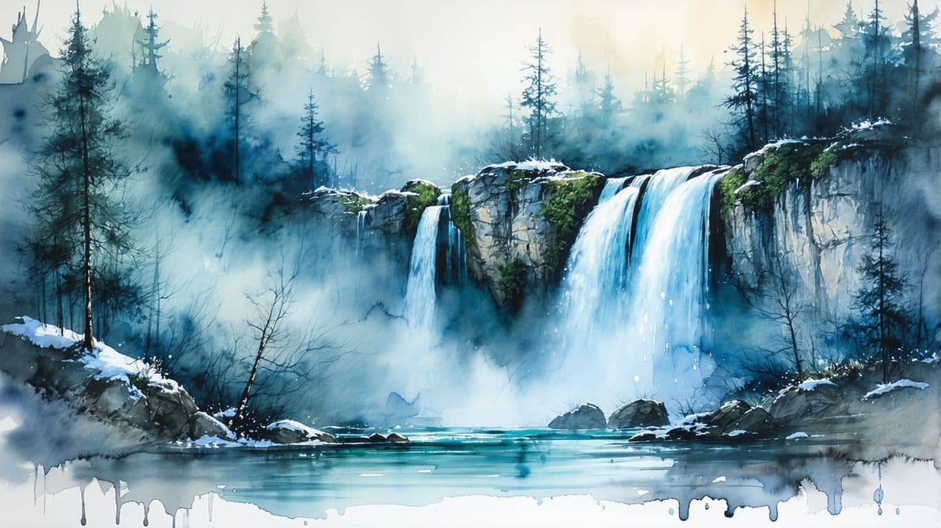 AI generated: Airbrushed watercolor painting, serene winter landscape, majestic waterfall, delicate lace-like pine...