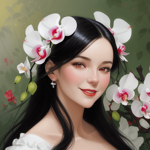 AI generated: close up portrait of a white woman dressed in red flowers with white roses and orchids flowers in he...