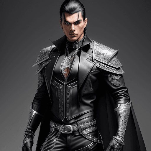 AI generated: male super hero named The Whip, Hispanic, black hair, no symbol, using two whips ((intricate silver ...