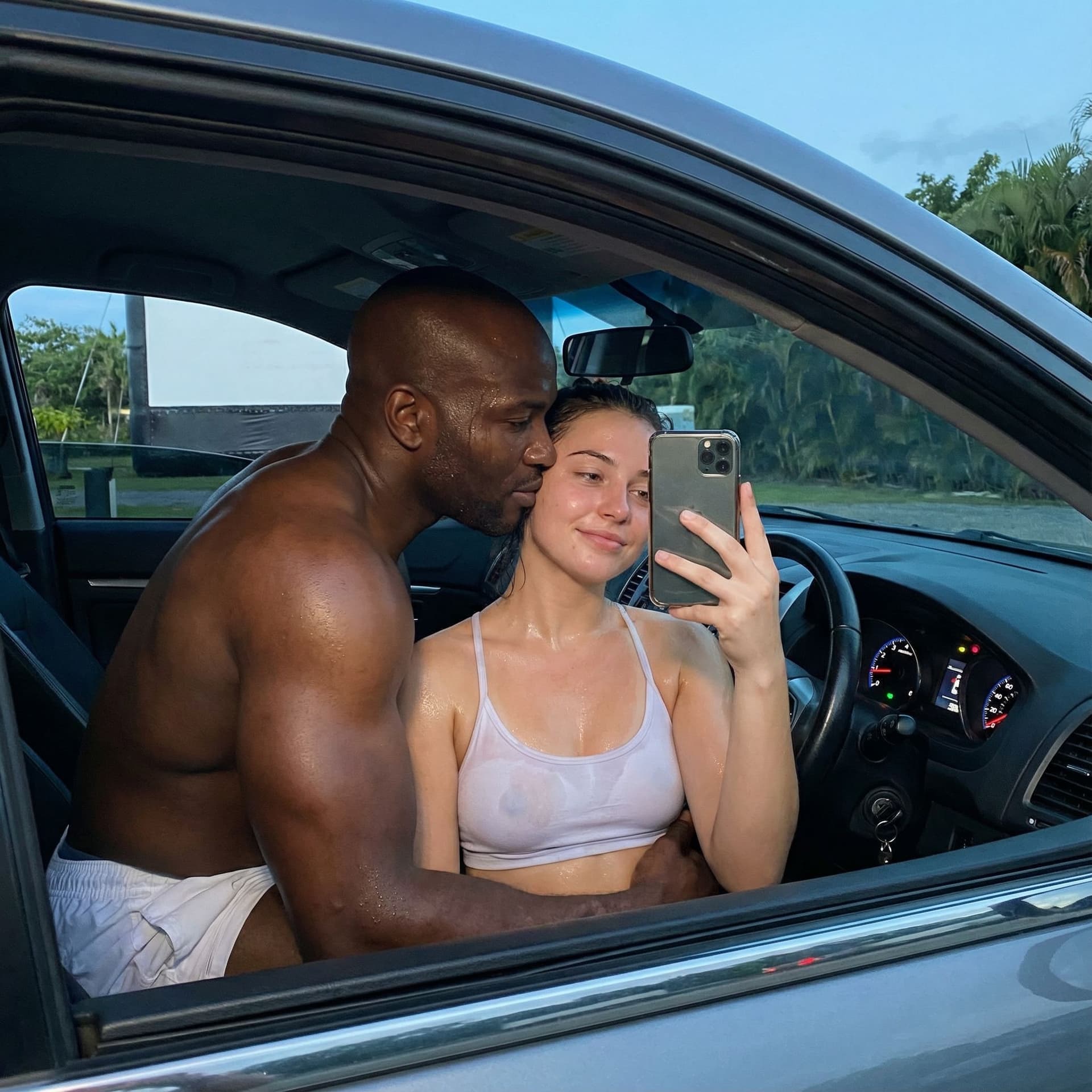 AI generated: This girl is sitting in the passenger seat of a car, taking a picture of herself and her boyfriend i...