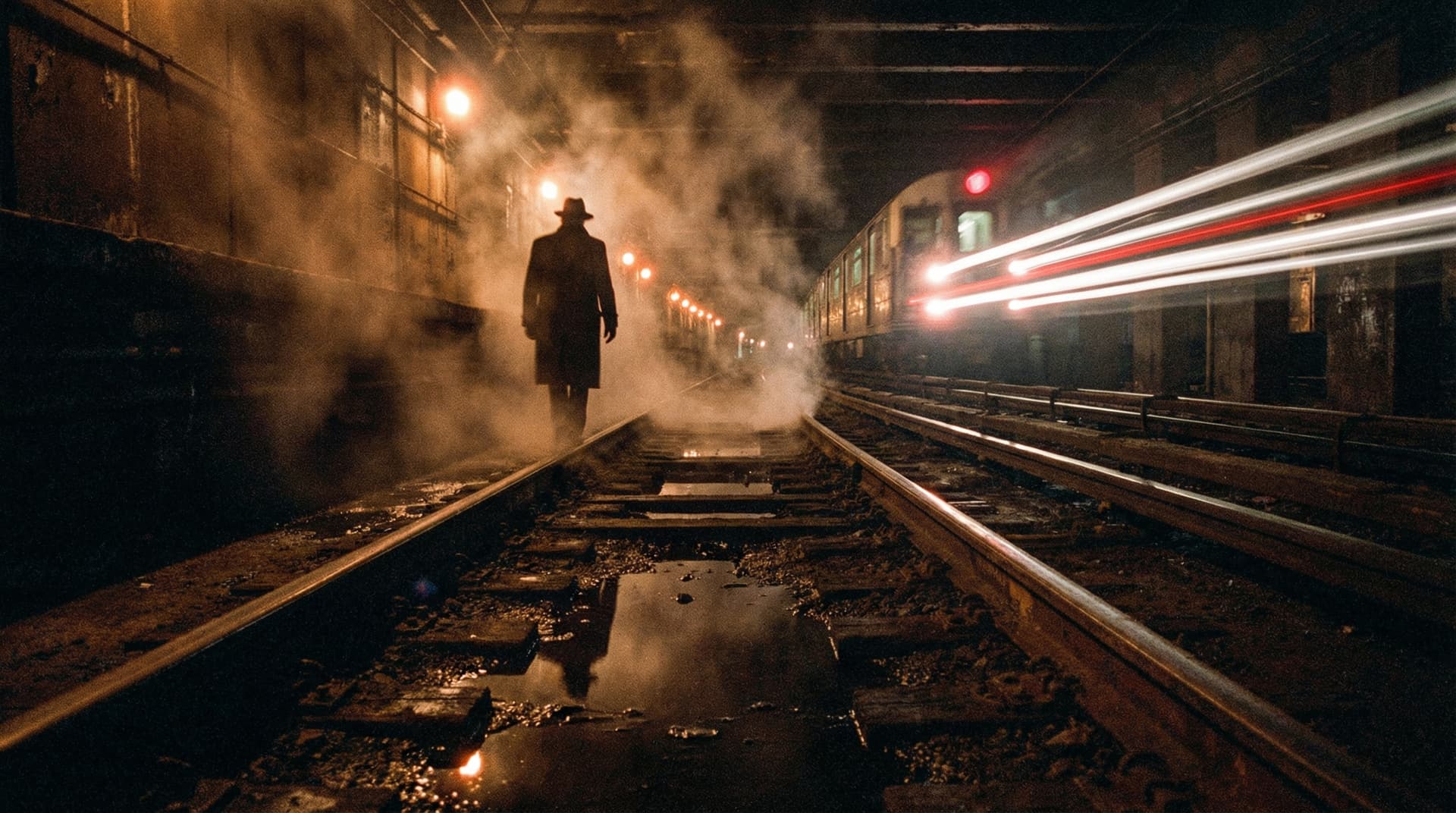 AI generated: Extreme low-angle shot from the tracks of a 1984 New York subway tunnel, gritty noir. The Drifter’s ...
