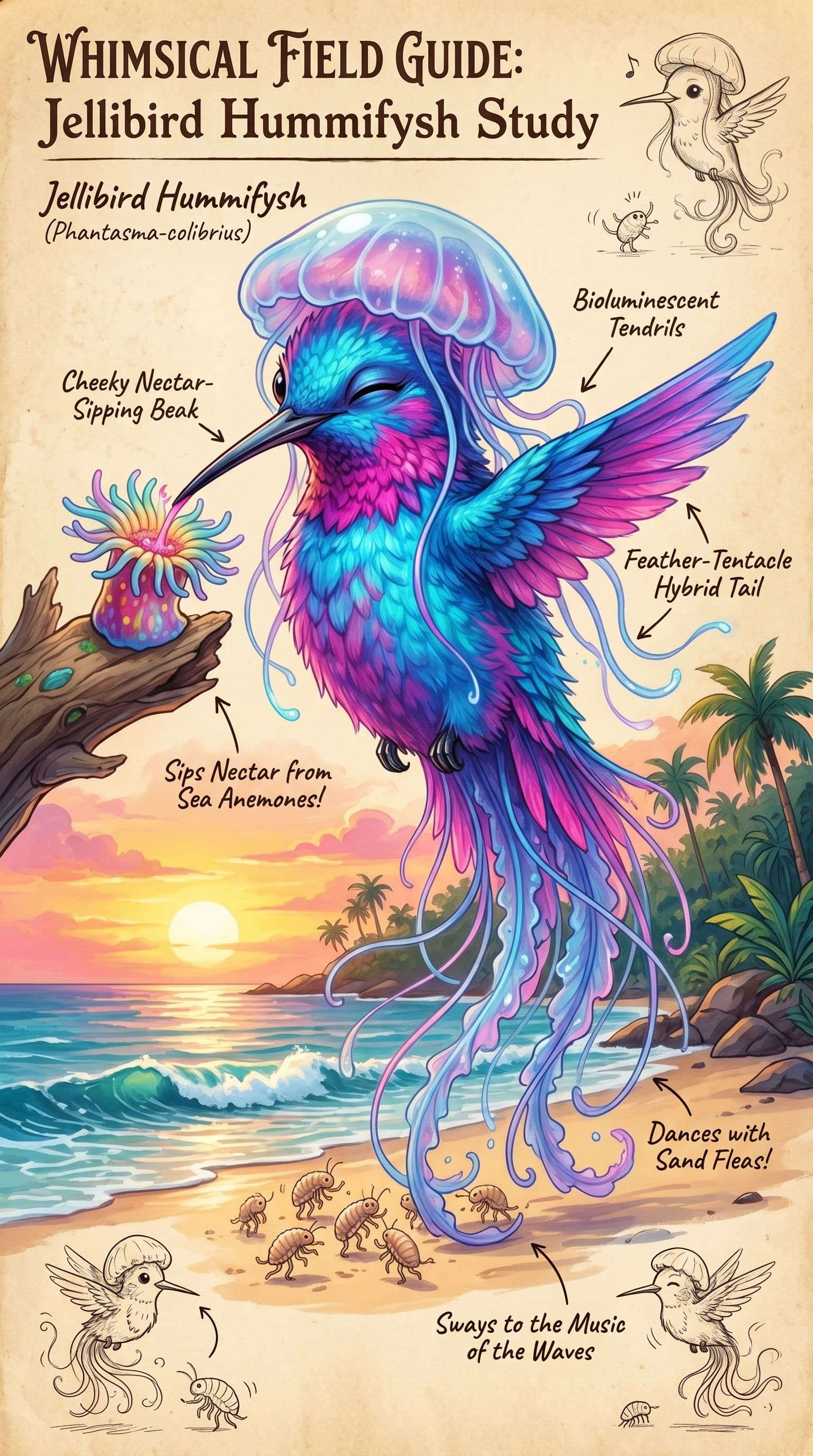 AI generated: A whimsical field guide study featuring a phantasmal ghost in the form of a jellyfish blended with a...
