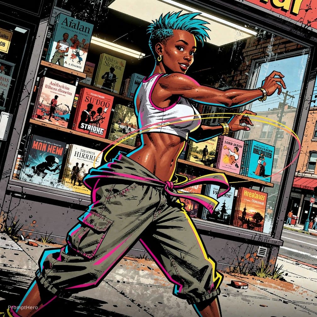 AI generated: Akan-Chokwe female playful dancer 24-year-old with short spiky cerulean hair, asymmetric crop top, c...