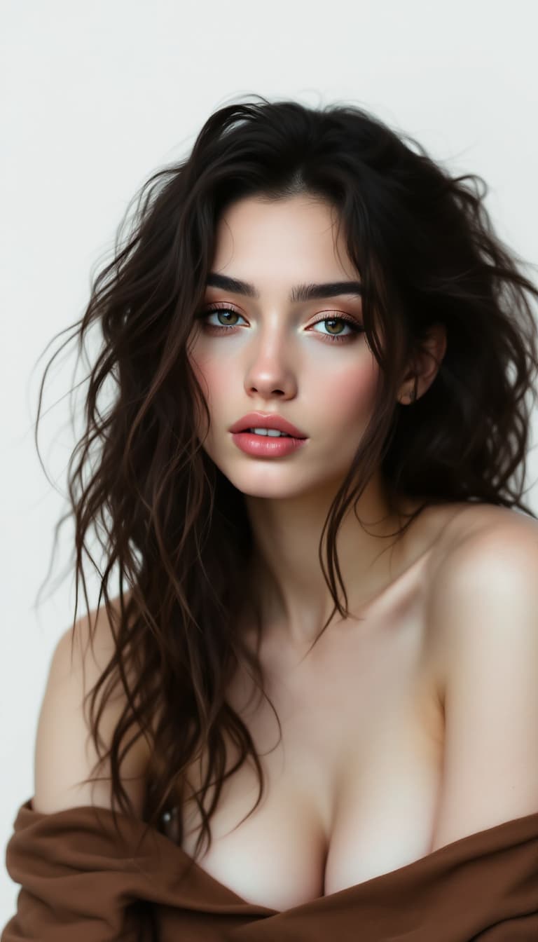 AI generated: a woman with a brown top and a black background and a black background with a white background and a...