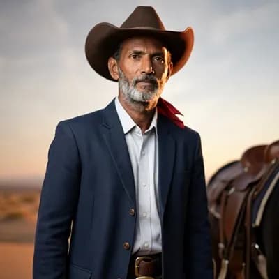 AI generated video: Wild West cowboy on a big black horse. This cowboy is in a desert landscape. Cinematic lighting, Unr...
