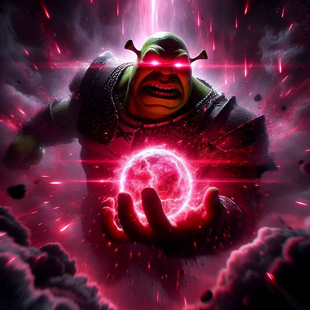 AI generated: vista de ángulo despaldas de figura oscura de Shrek heroico con ira contrastado sobre fondo rojo int...