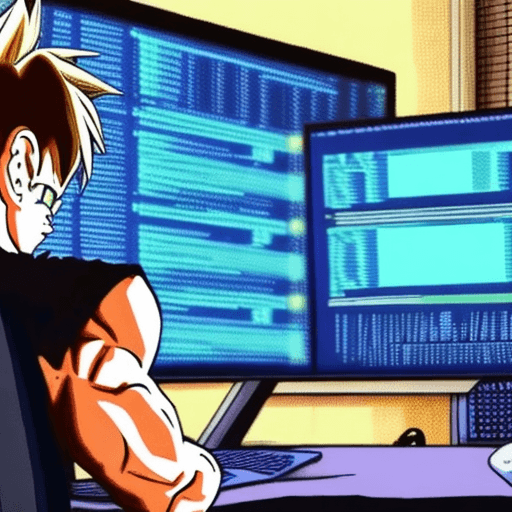 AI generated: A hacker using neovim, and htop on their screen in the style of dragon ball