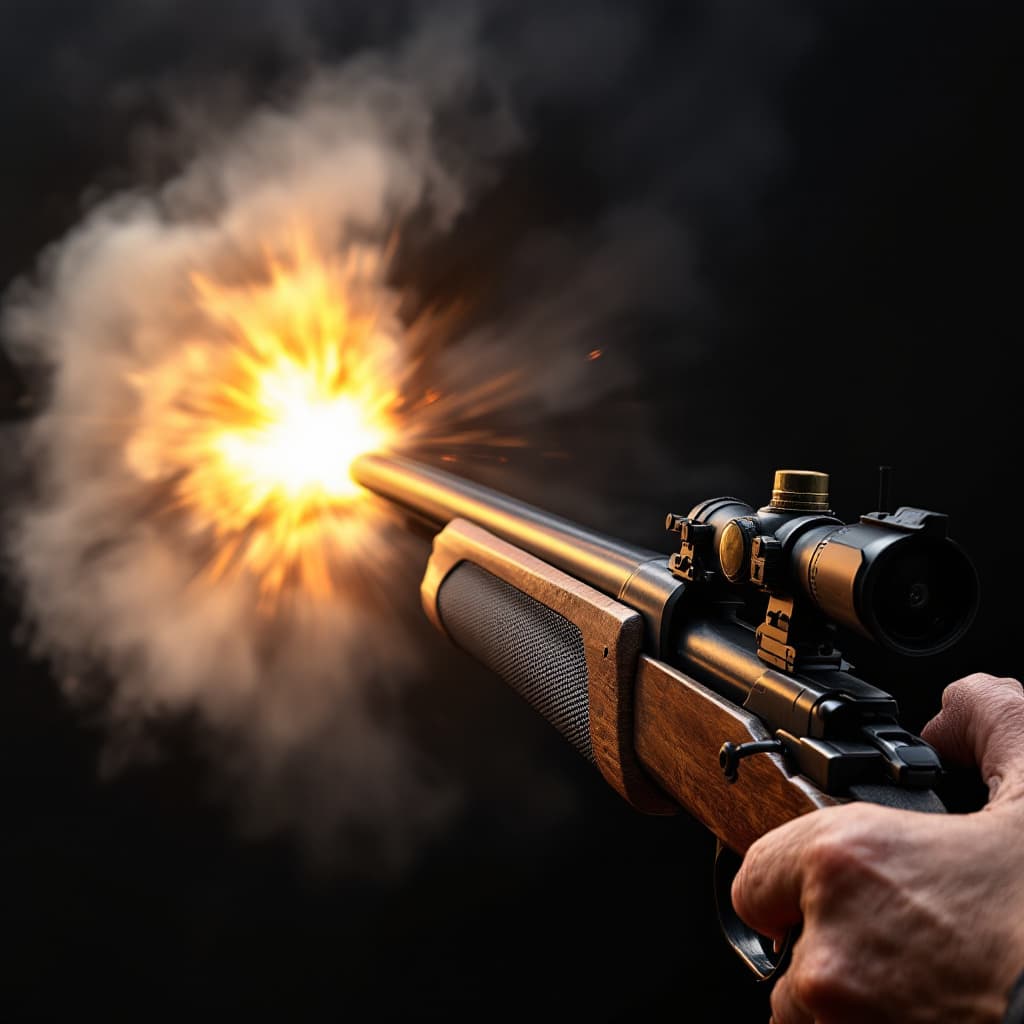 AI generated: Generate image with projectile exiting a hunting rifle with black background with one hand firing th...