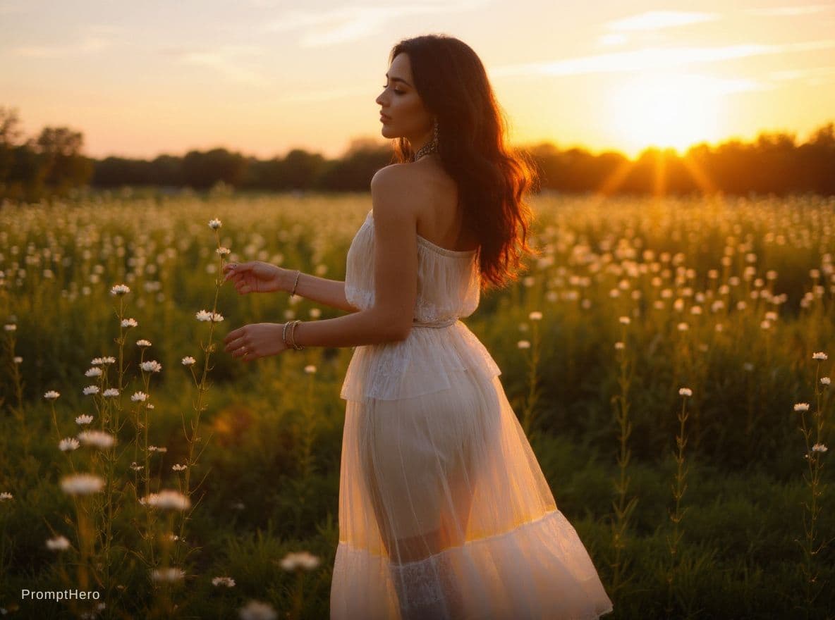 AI generated: A beautiful tanned young woman
stands in a field with flowers at sunset, wearing only
a long, thin...