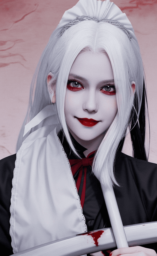 AI generated:  Vampire girl with white hair, holding a scythe weapon, blood on her lips, smiling, wearing a maid u...