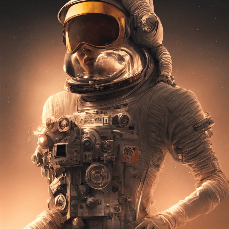 AI generated: hyperrealistic portrait of a woman astronaut, full body portrait, well lit,  intricate abstract. cyb...