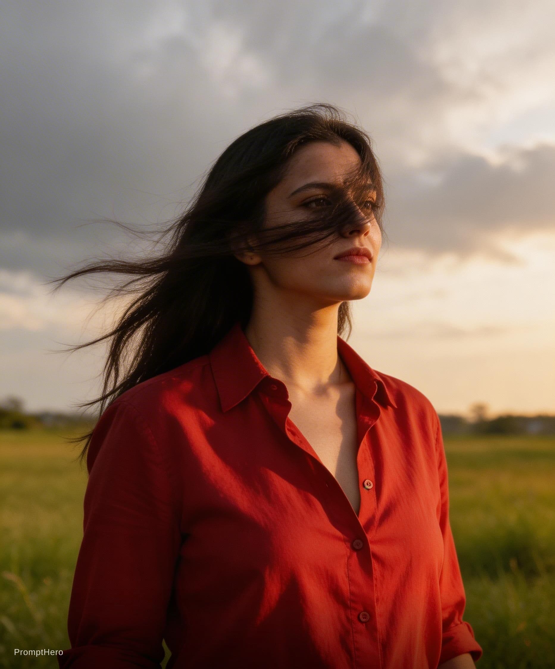 AI generated: cinematic image with dark shadows and high contrast, A fit 30yo woman stands in an open field under ...