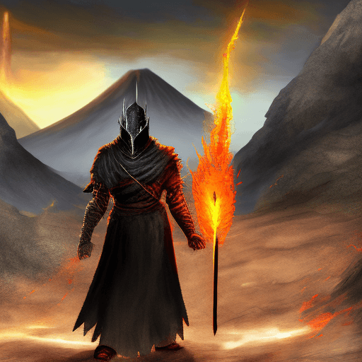 AI generated: Dark souls sorcerer with a vulcano in the backgroundohe