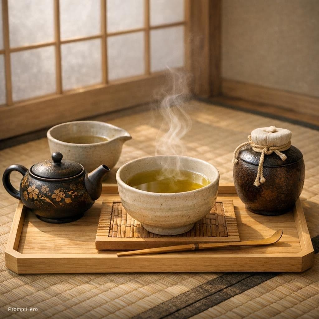 AI generated: A serene Japanese tea ceremony scene, with a steaming cup of tea placed on a delicate wooden tray. S...