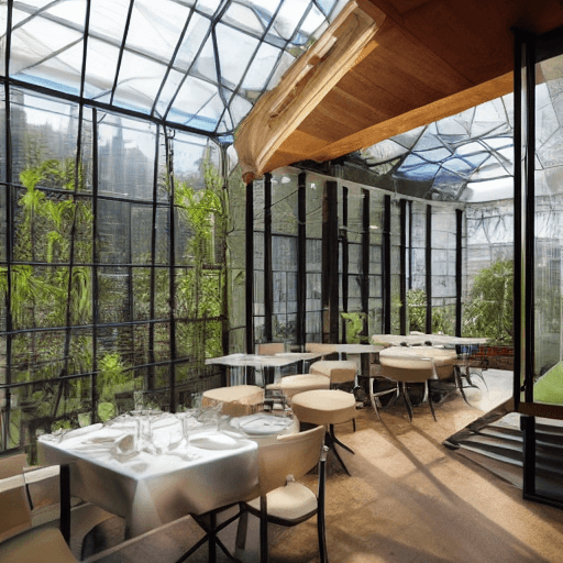 AI generated: Hyper realistic eye level interior photo of a rooftop modern fine dining restaurant with a mezzanine...