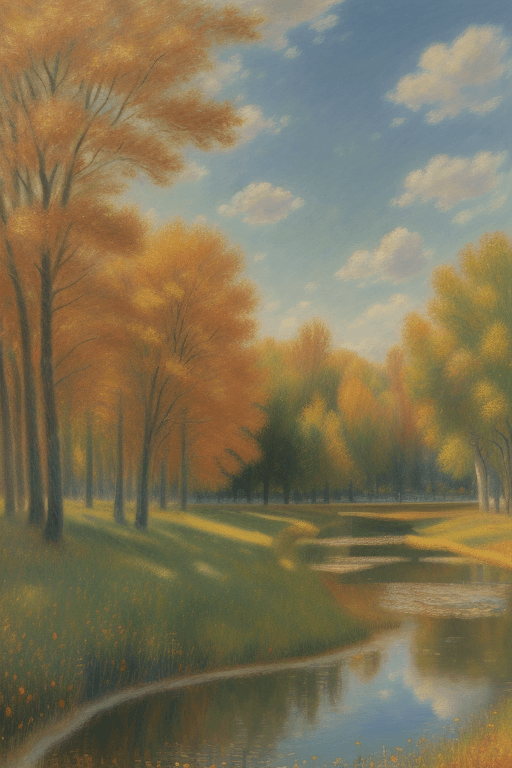 AI generated: a hyper-realistic  painting in the style of Renoir featuring a French meadow in Autumn, mid-angle, 4...