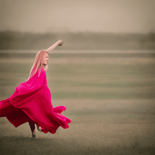 AI generated: a girl, light dress, strong wind, long pink hair, (apterus style:1.3), (dark shot:1.4), 80mm, soft l...