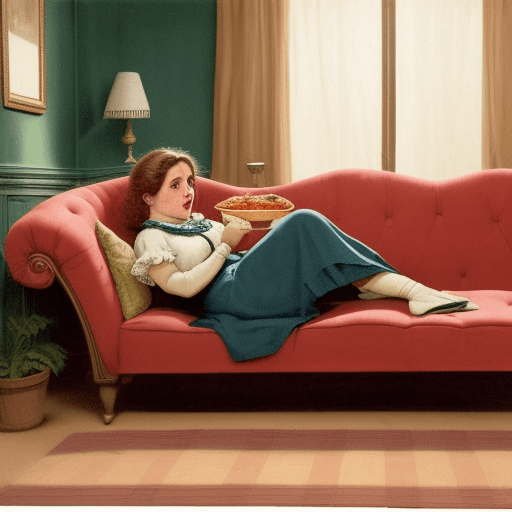 AI generated: CHICA ECHA UNA MIERDA TIRADA Y DESGANADA EN UN SOFÁ ESTILO AÑOS 1900 COMIENDO COMIDA RÁPIDA
