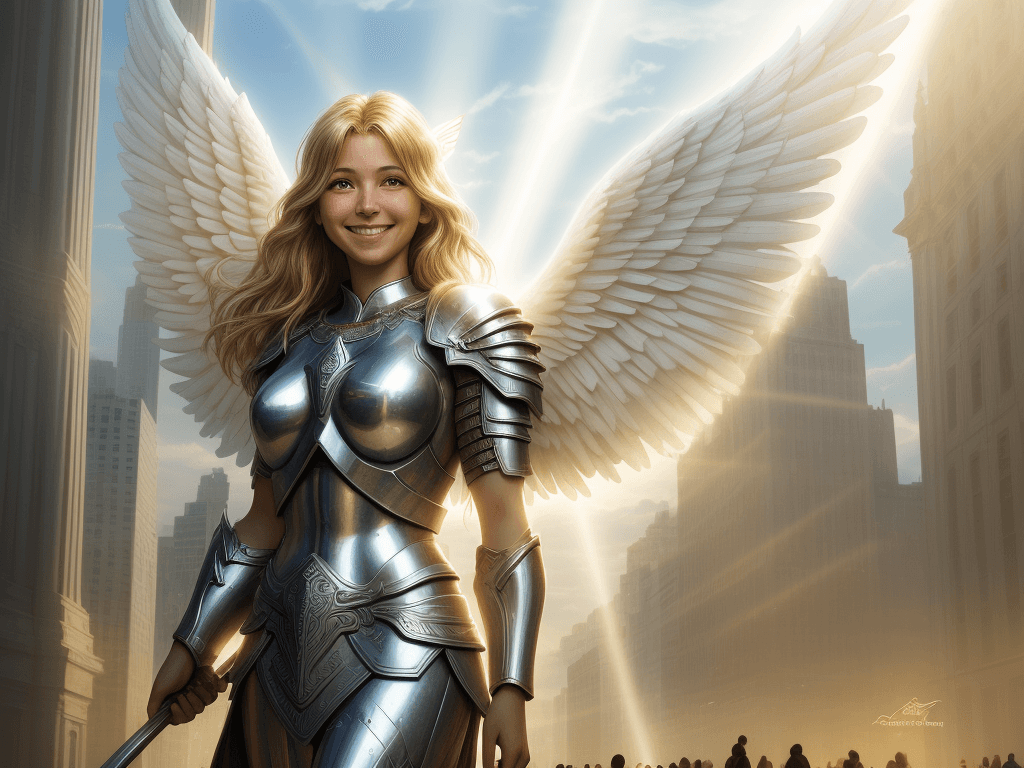 AI generated: Warrior Angel of Light, full height, smile, city, people, photorealism, high level of detail, rays o...