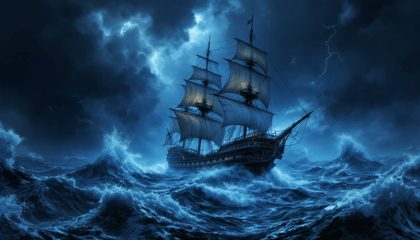AI generated: Photo of a ultra realistic sailing ship, in the early 1800's, caught in midst of a violent storm at ...