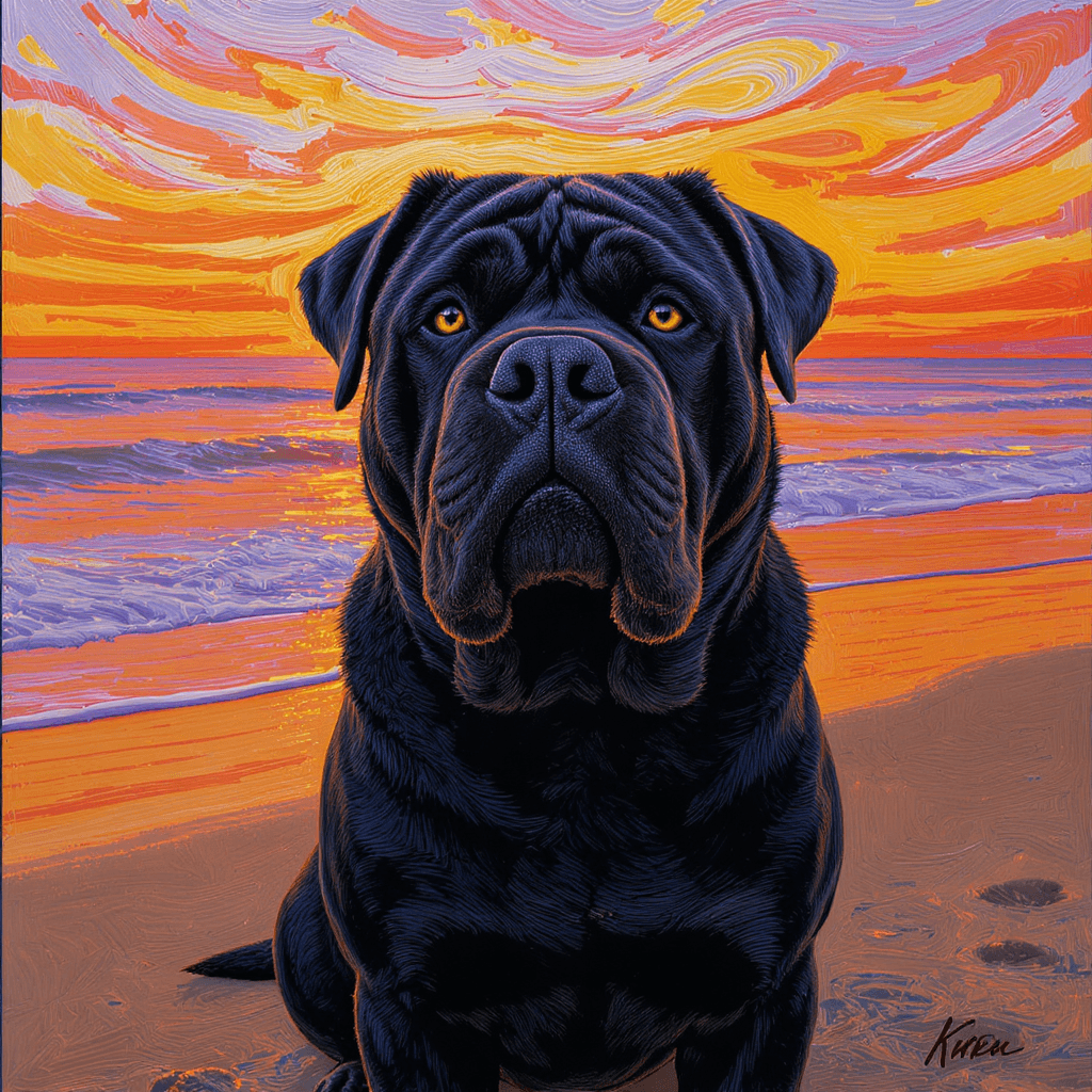 AI generated: close-up portrait of a black shar-pei dog, deep wrinkles and serene amber eyes, sitting on wet beach...