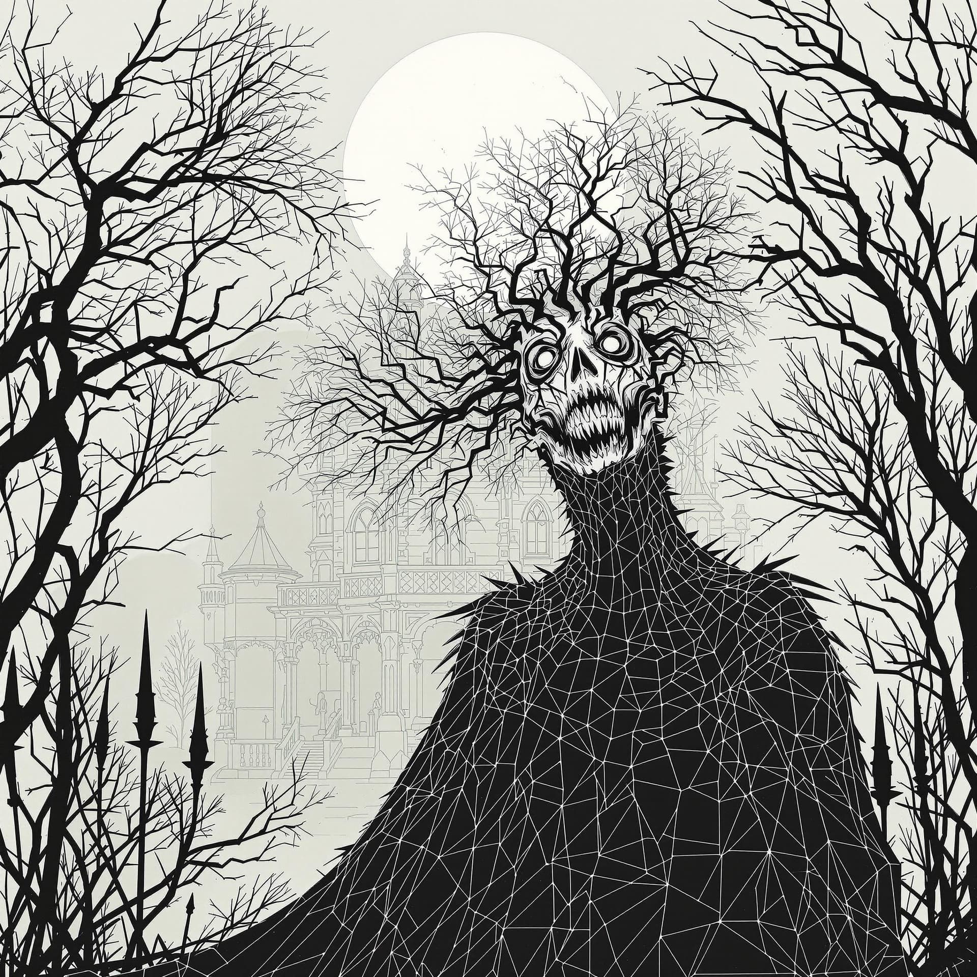 AI generated: A minimalist digital art wireframe of Kate Blanchett's AI model posing as an Eldritch Horror for Hal...