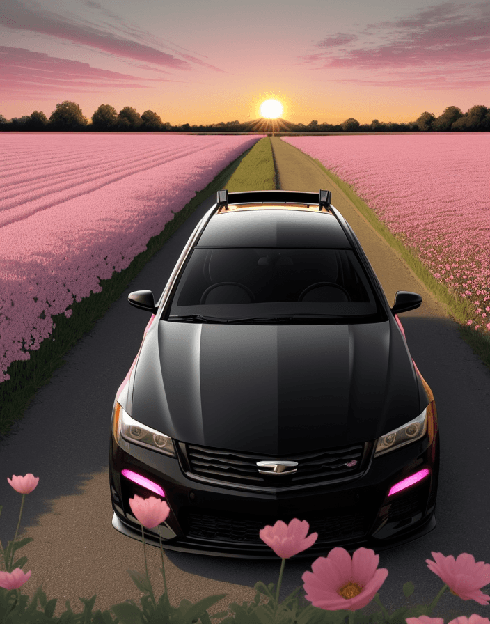AI generated:  shows a black car with a large front grill and a spoiler, driving through a field of pink flowers a...