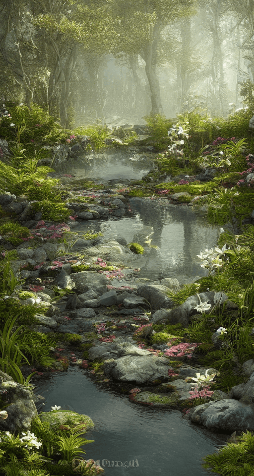 AI generated: Forest flower crystal::4 emitting glitter garden landscape with pool of clear water and baby dear dr...