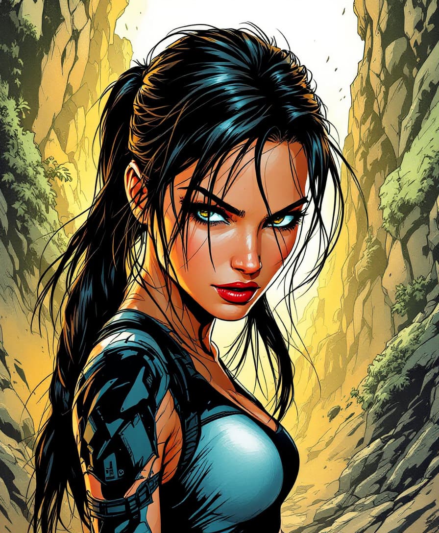 AI generated: Lara Croft in comic book style. Bold. Manga-inspired characters. Close-ups. Cartoon violence. Comic ...