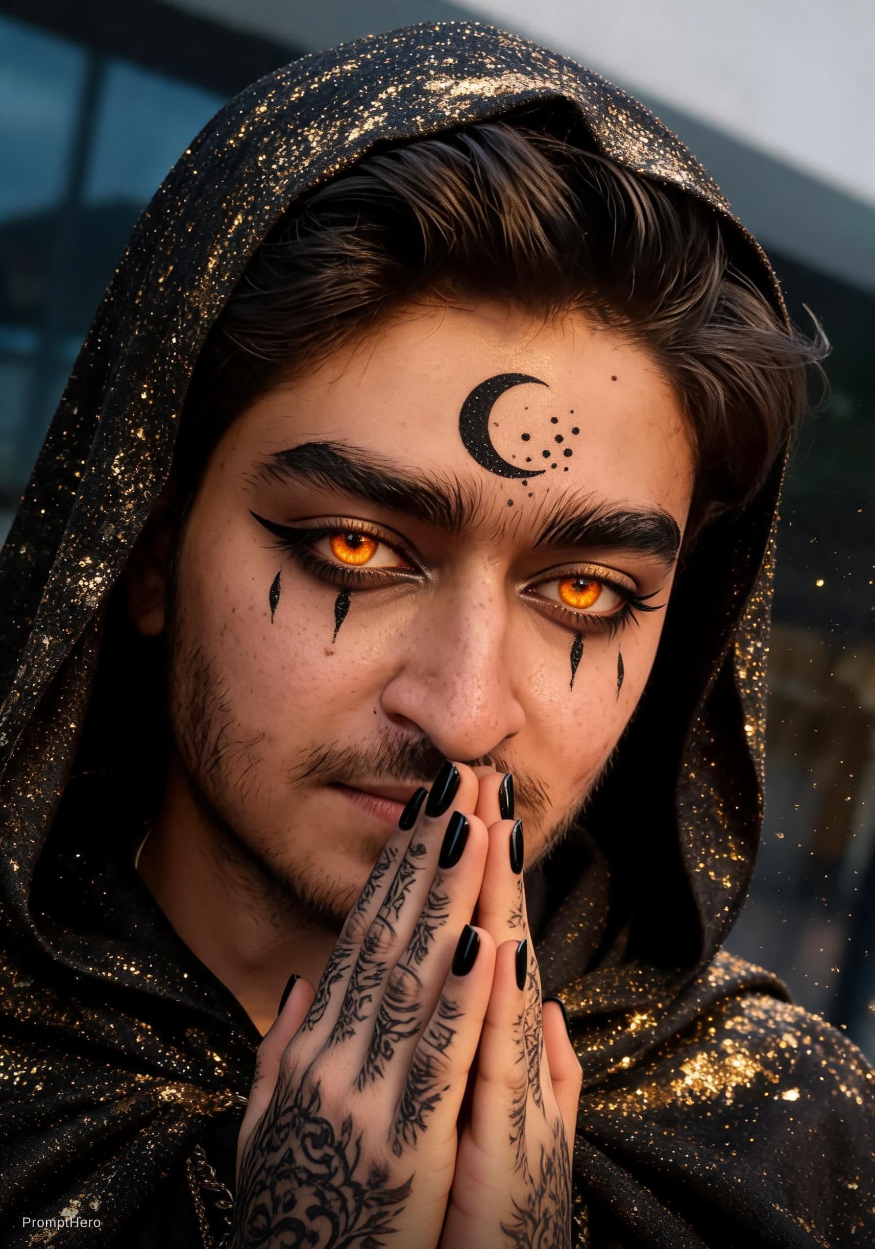 AI generated: "A highly detailed, photorealistic portrait of a mysterious man with intense glowing amber-orange ey...