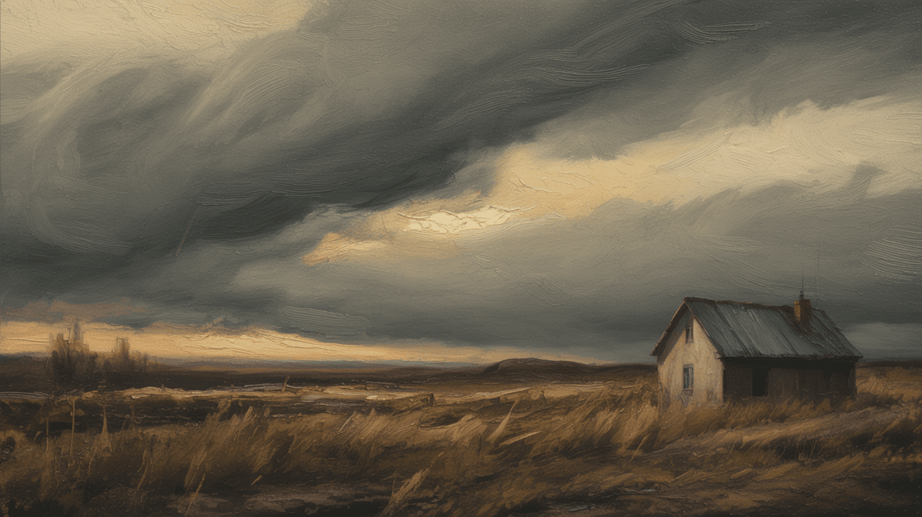 AI generated: "A focus on the solitude of a small house standing alone in the landscape, beneath heavy storm cloud...