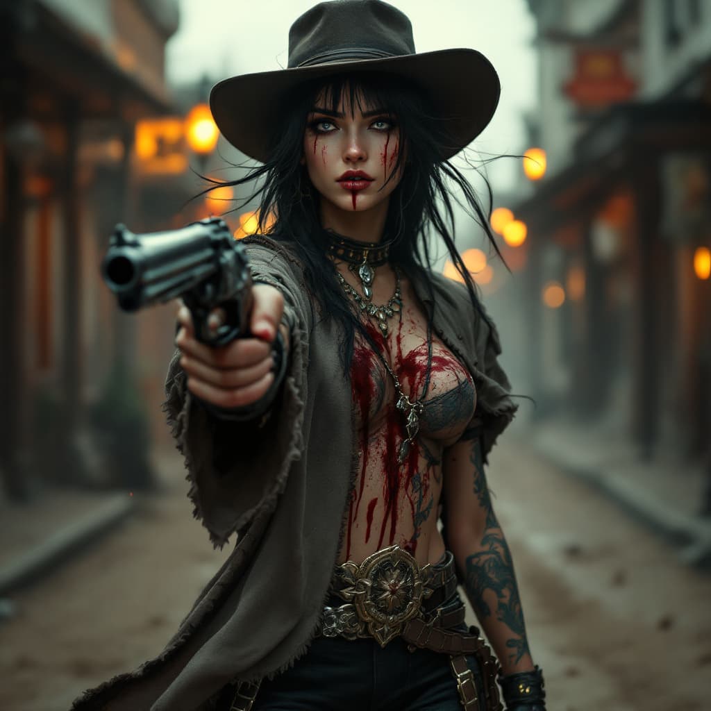 AI generated: HD hyper realistic zoomed out full body photo of beautiful, female gun slinger. She is staggering to...