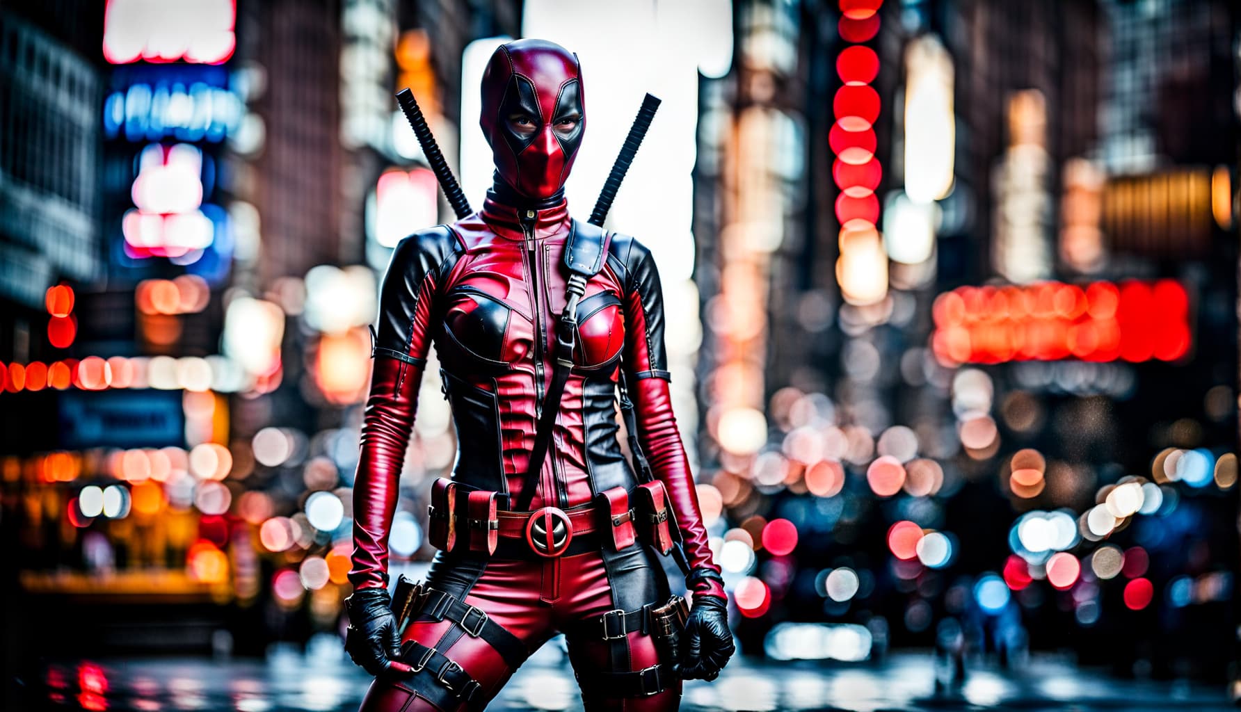 AI generated: 500mm raw portrait photo, a cute and slender girl as Deadpool , the iconic dark red outfit, dynamic ...