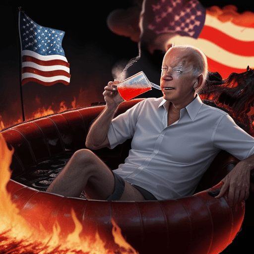 AI generated: President Biden floating in hell while drinking vodka, American flag is burning on fire