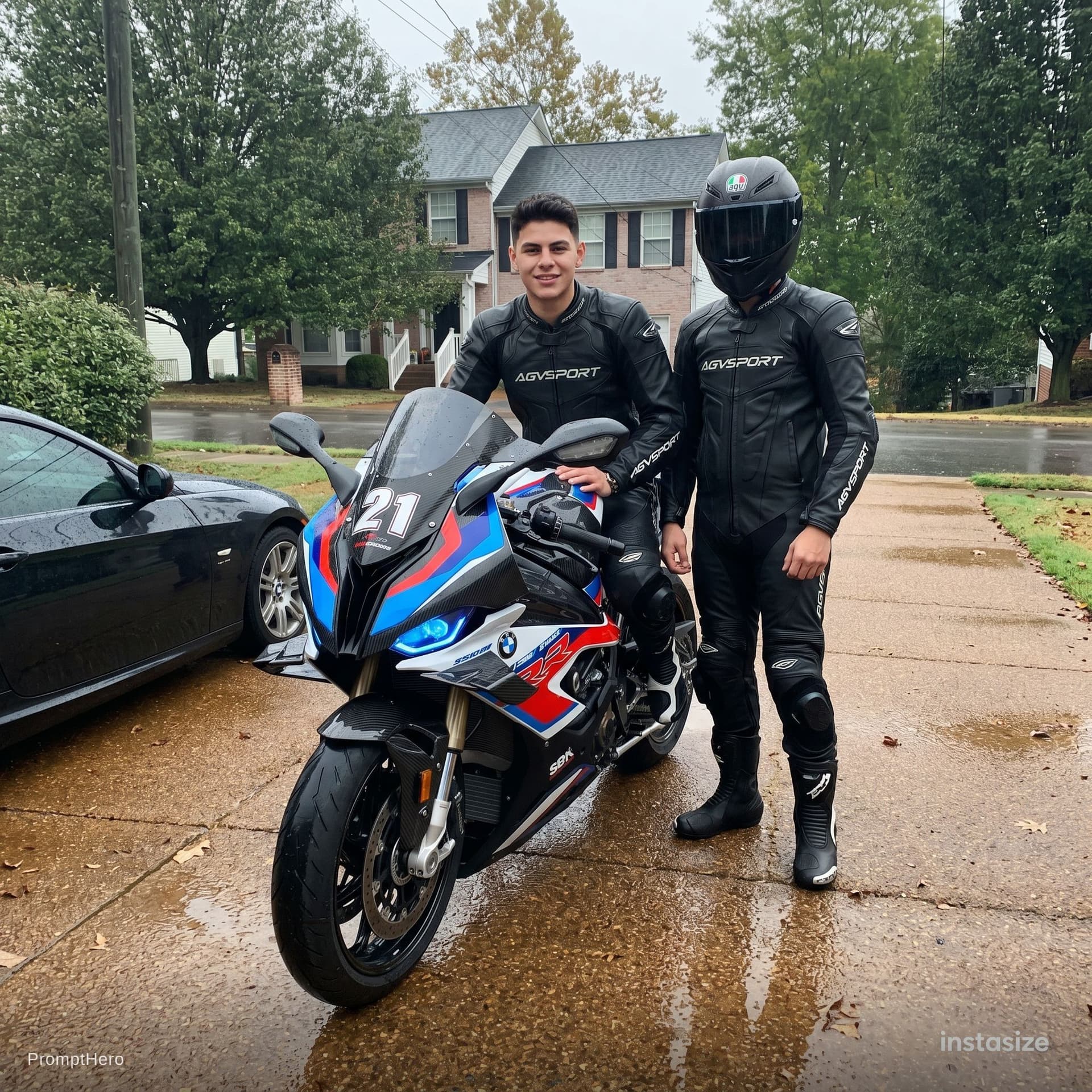 AI generated: Add me on the uploaded bike and my friend side by side in the uploaded place, wear my friend full bl...
