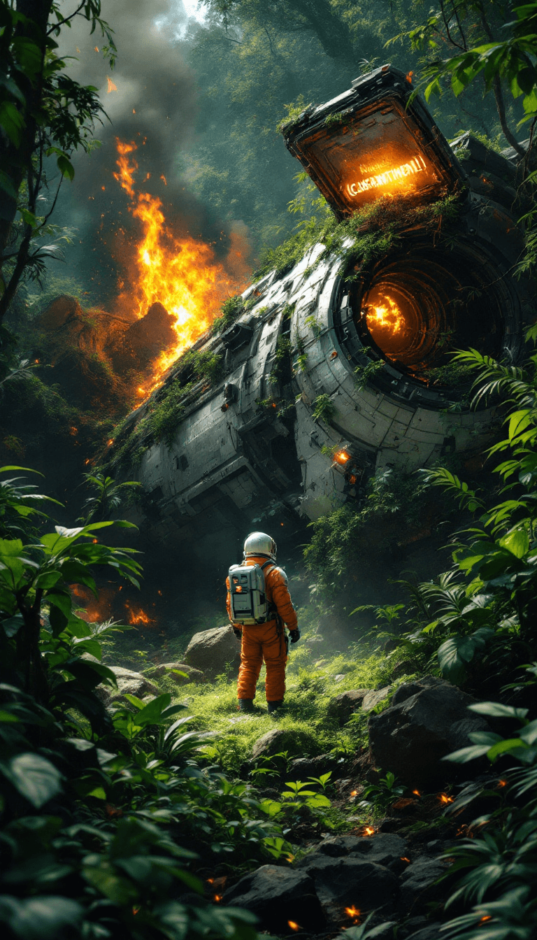 AI generated: On a lush, but overgrown planet, a large, wrecked starship lies half-hidden in the dense jungle, wit...