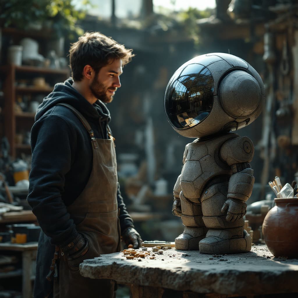 AI generated: A highly detailed cinematic shot capturing a human standing proudly, admiring a stone sculpture they...