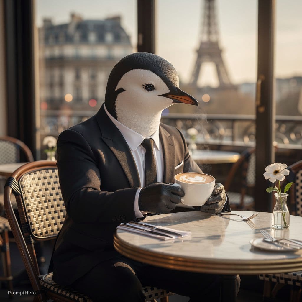 AI generated: An elegant penguin in a black suit sipping cappuccino at a stylish Parisian café, golden morning sun...