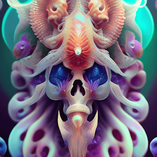 AI generated: Goddess close-up portrait ribcagel. jellyfish phoenix head, nautilus, orchid, skull, betta fish, bio...