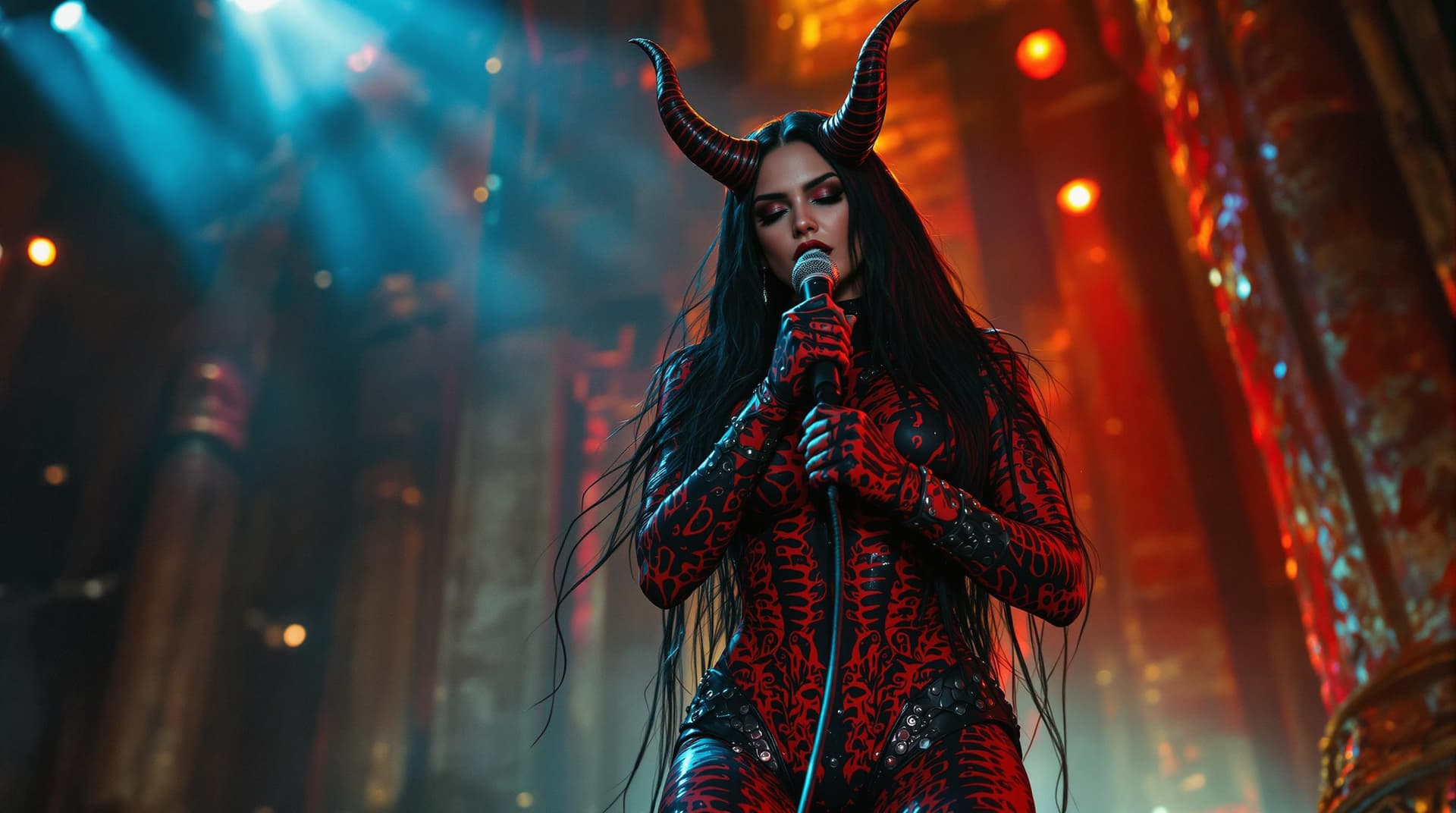 AI generated: Rock music concert. A hyper-realistic, cinematic photo of a female demon character, reminiscent of t...
