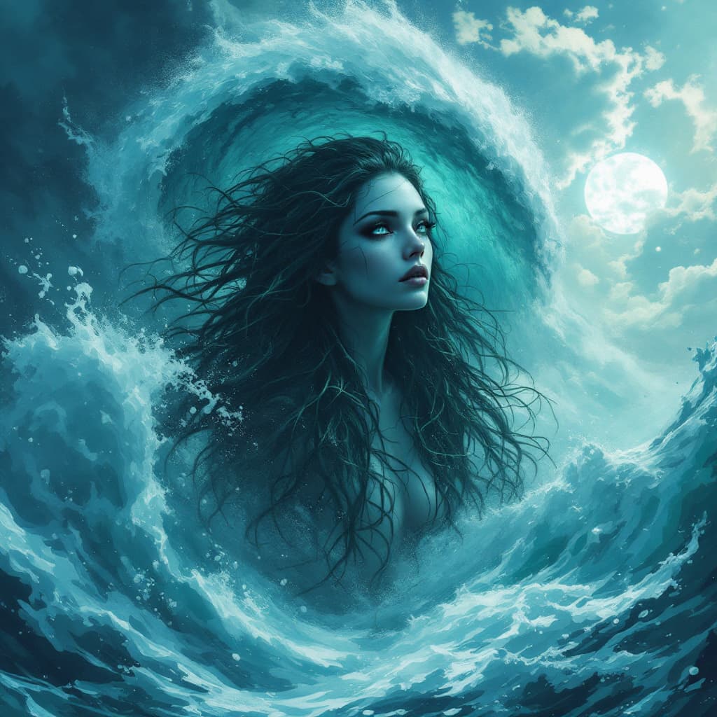 AI generated: A tall mysterious woman with seafoam-colored skin, deep dark blue eyes and a captivating gaze, long ...